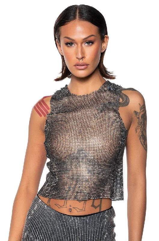 ZELDA RHINESTONE MESH SLEEVELESS TOP IN BLACK