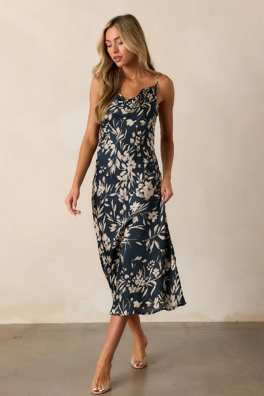 Botanical Escape Dark Teal Floral Satin Midi Dress