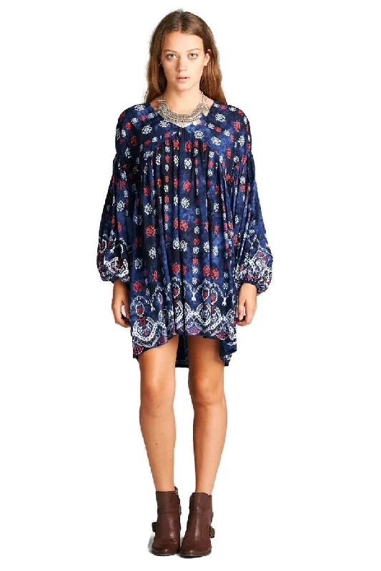 Baby Doll Bohemian Peasant Mini Dress, Blue