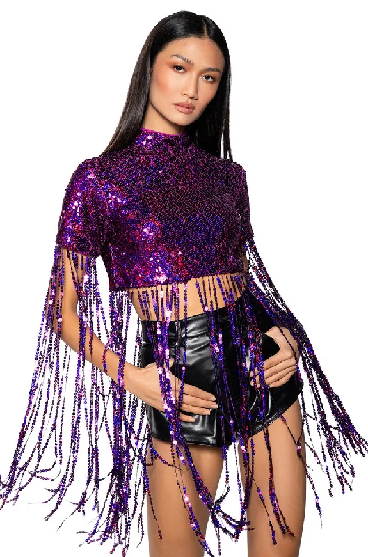 THE SPOTLIGHT SEQUIN FRINGE MOCK NECK TOP