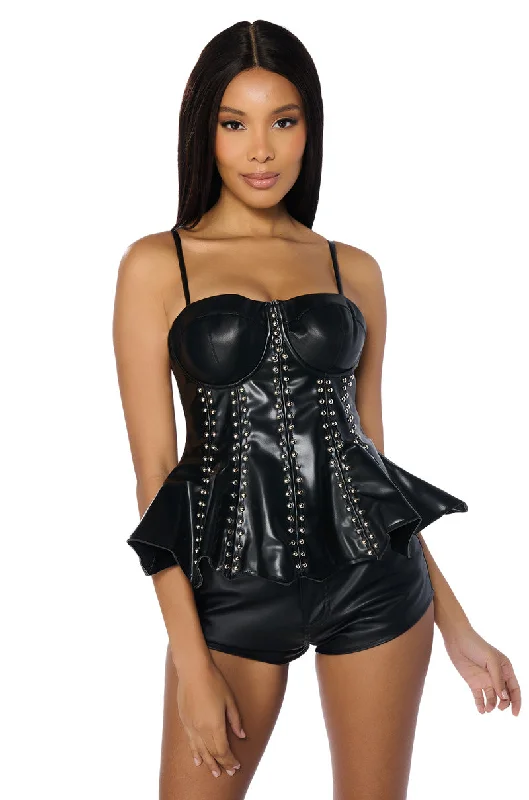 ESTELLE FAUX LEATHER PEPLUM CORSET TOP