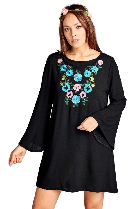 Floral Embroidered Mini Dress, Black