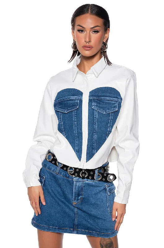 CLEAR LOVE FAUX LEATHER DENIM DETAIL BUTTON DOWN TOP