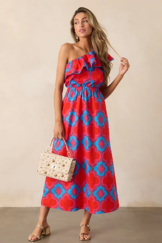 Packing My Bags 100% Cotton Red Multi Print One Shoulder Midi Dress