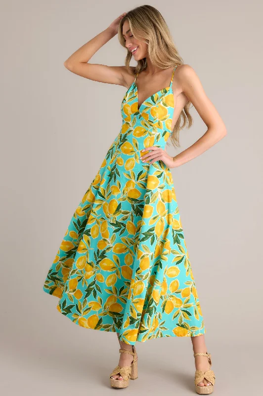 Sunshine Squeeze Aqua Lemon Print Midi Dress