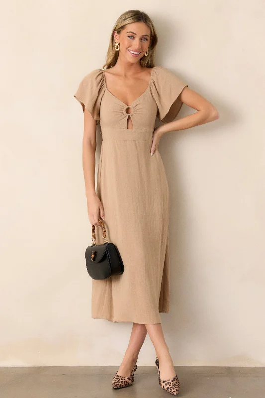 Boho Beauty Tan Puff Sleeve Midi Dress