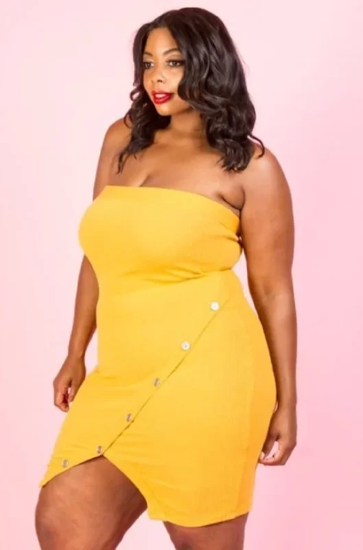 Plus Size Strapless Mini with Thigh Split in Yellow