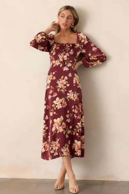 Perfect Meet Cute Burgundy Floral Long Sleeve Midi Dress