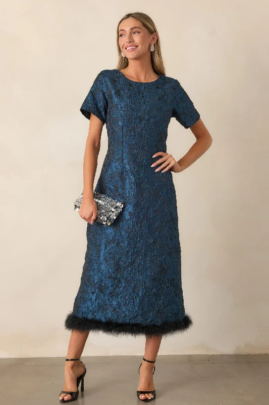 Glamour in Motion Dark Teal Jacquard Midi Dress