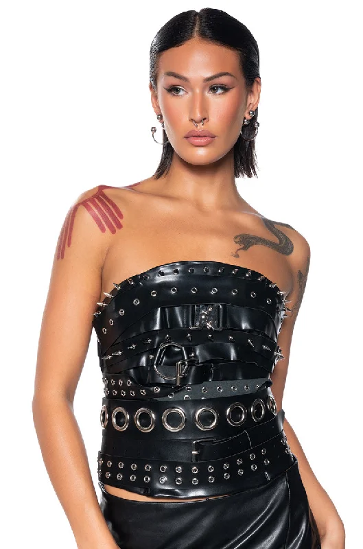 BUCKLED UP FAUX LEATHER STUDDED CORSET