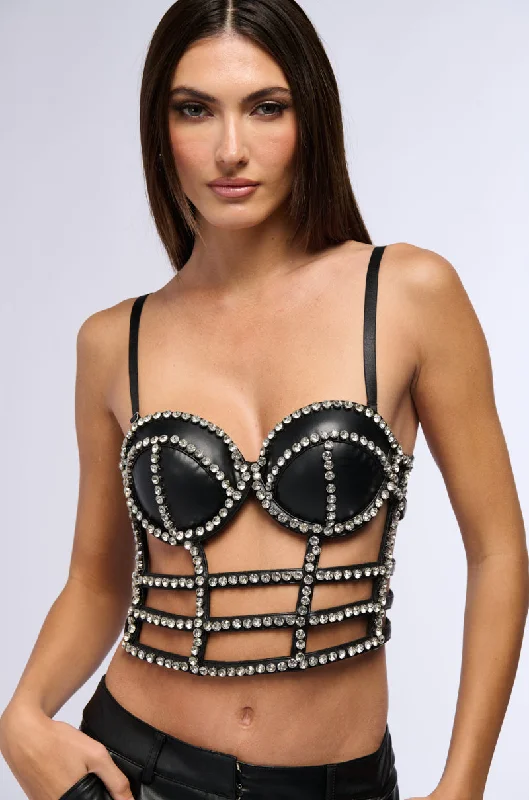 DON'T ASK RHINESTONE PU CORSET TOP