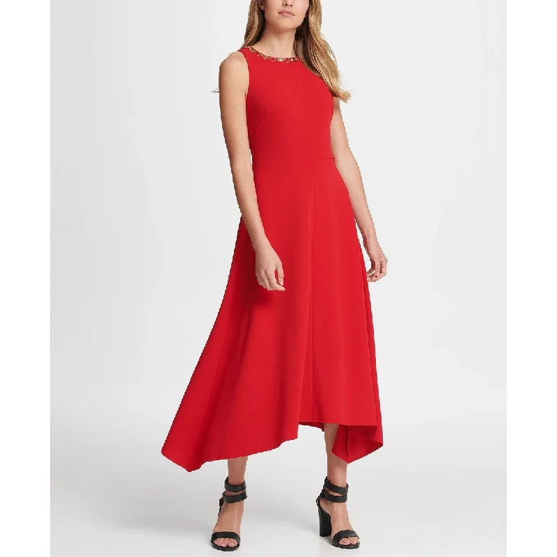 DKNY Women's Gold Link Neck Trim Midi Dress Red Size 10