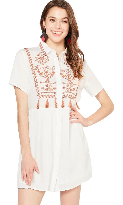 Embroidered & Tassel Mini Dress, Off White