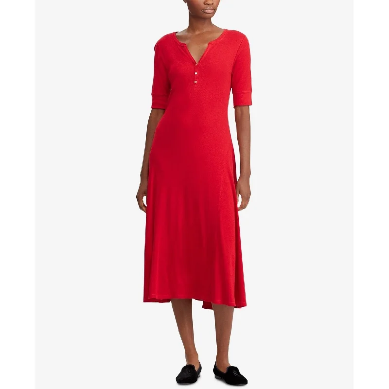 Lauren Ralph Lauren Women's Waffle-Knit Cotton Midi Dress Red Size Medium