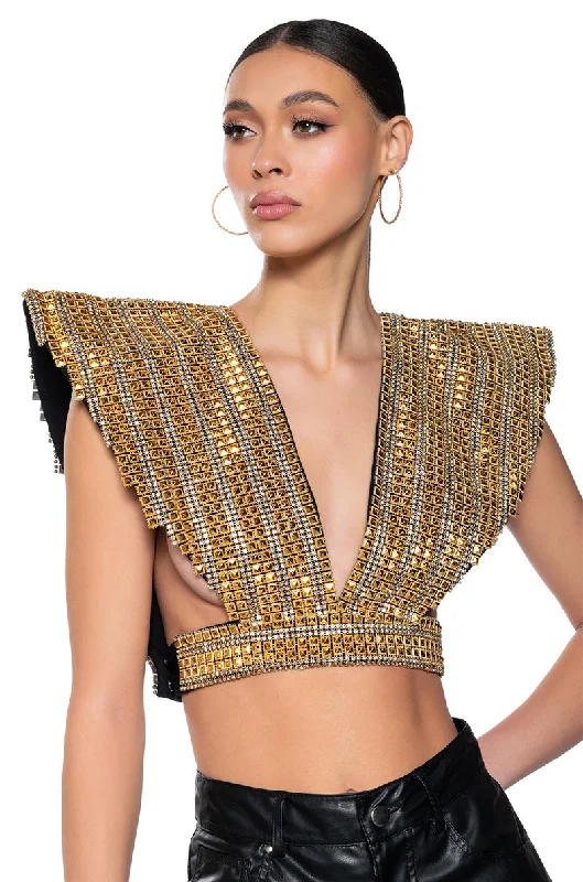 QUEEN OF EVERYTHING GOLD EMBELLISHED HIGH SHOULDER TOP