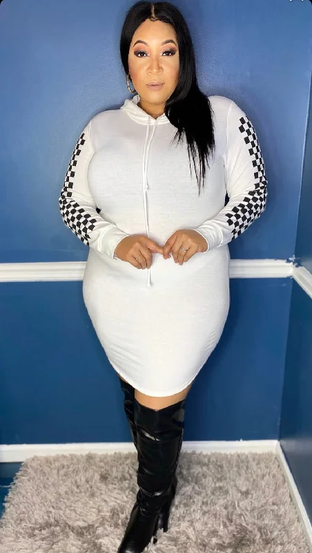 Plus Size Hoodie Mini Dress in White with Checker Sleeves