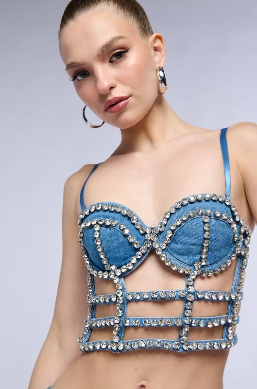 ALL ABOUT ME RHINESTONE DENIM CORSET TOP