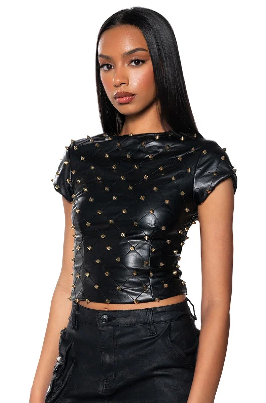 NICO FAUX LEATHER SPIKE DETAILED SHORT SLEEVE TOP