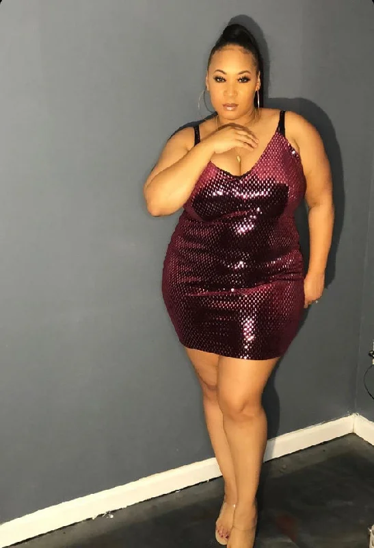 Plus Size Sequin Mini Dress in Burgundy