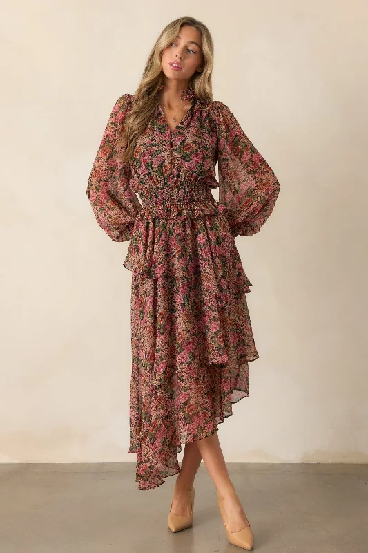 Roses Of Love Black Multi Floral Long Sleeve Ruffle Midi Dress