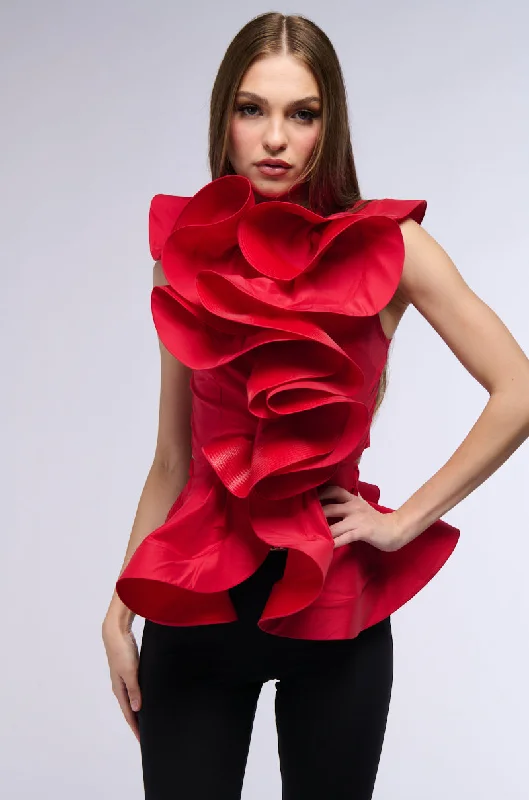 MISS FASHIONISTA SLEEVELESS RUFFLE PEPLUM BLOUSE IN RED