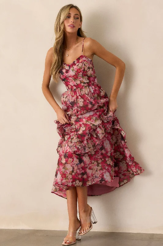 Honey Bee Pink Floral Ruffle Midi Dress