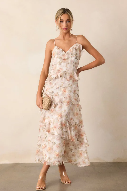 Searching For Love Ivory Floral Ruffle Midi Dress