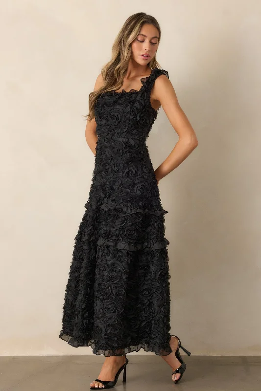 Something Good Black Floral Applique Midi Dress