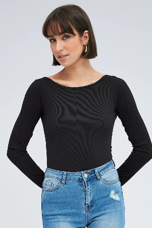 Black Bodysuit Long Sleeve Crew Neck Rib