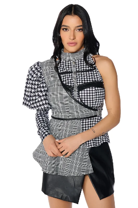 MIXED UP HOUNDSTOOTH PLAID SINGLE SLEEVE TOP