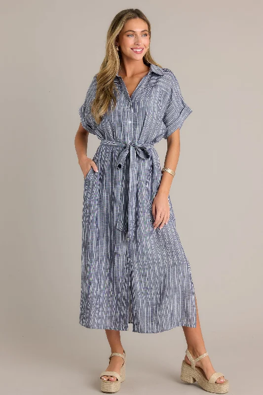 Endless Journey Blue Stripe Midi Shirt Dress