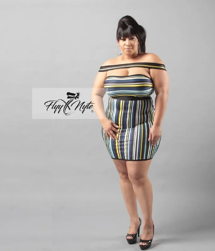 Plus Size Off Shoulder Bodycon Mini in Black Blue and Yellow