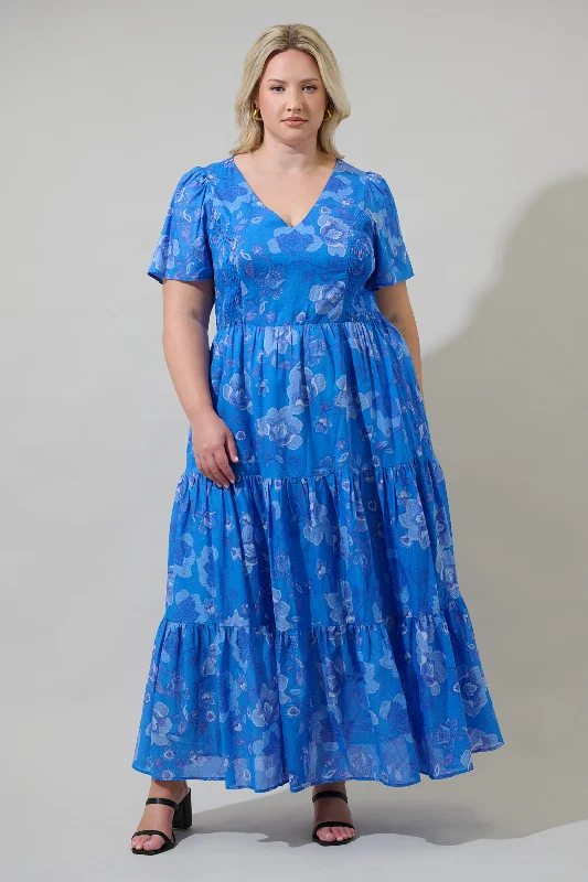 Selma Floral Alexis Poplin Cotton Voile Tiered Midi Dress Curve