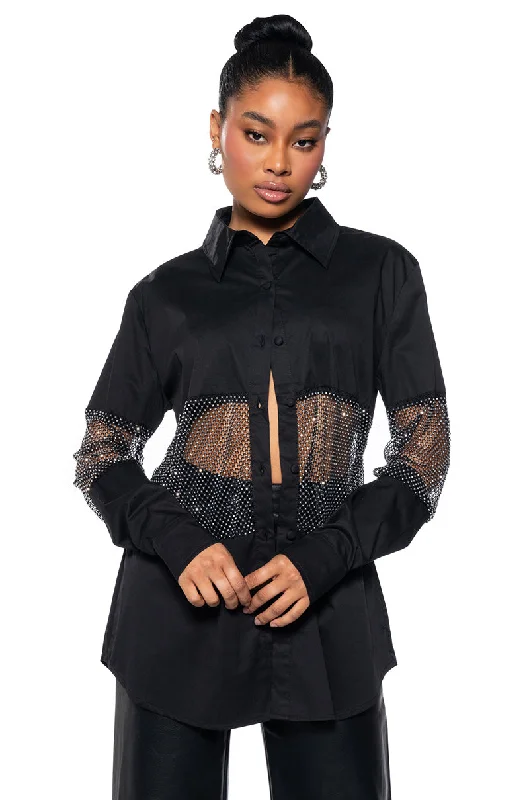 JOSIE RHINESTONE MESH POPLIN BUTTON DOWN