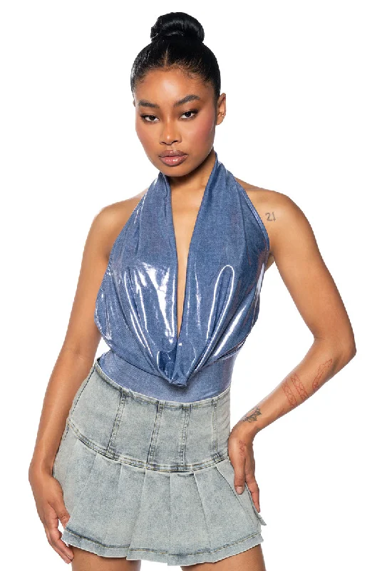 UNDER THE LIGHTS COWL NECK METALLIC BODYSUIT