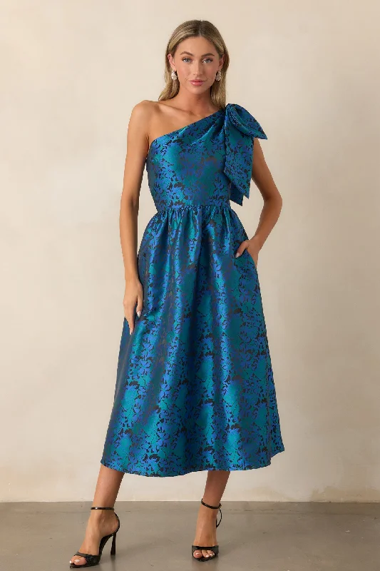 Midnight Toasts Blue Jacquard One Shoulder Midi Dress