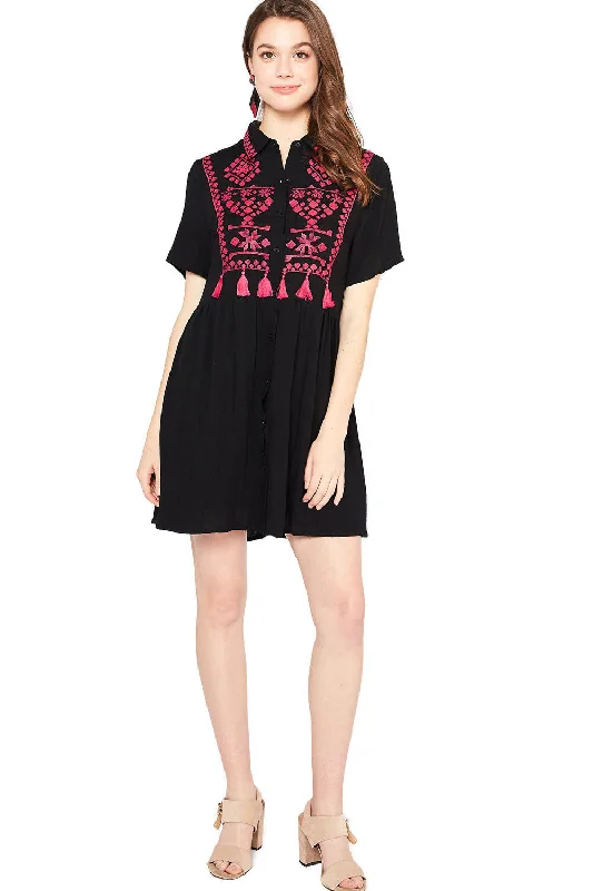 Embroidered & Tassel Mini Dress, Black