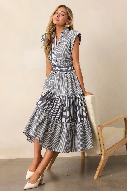 Along The Way Navy Stripe Cap Sleeve Midi Dress