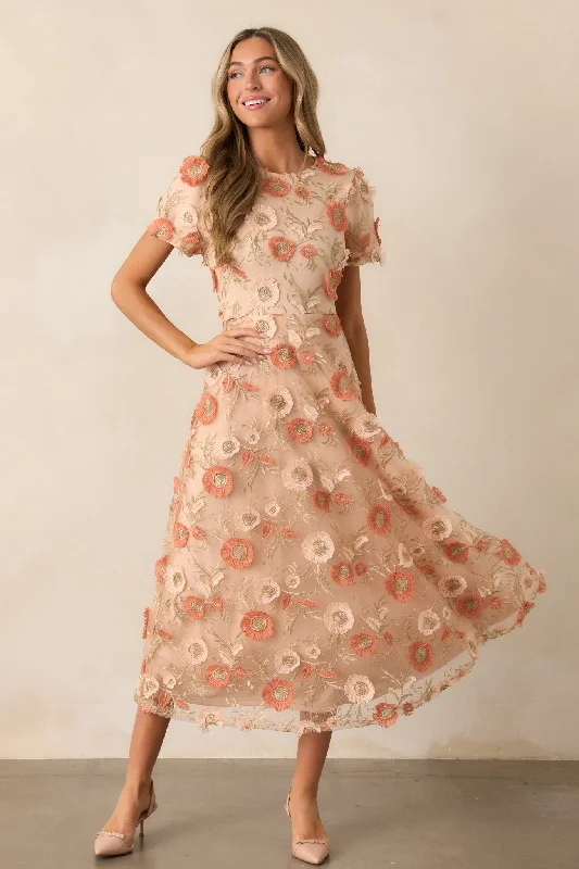 Jumping Ahead Tan Floral Embroidered Midi Dress