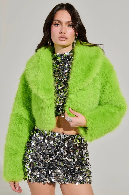 LIGHTS OUT CROPPED FAUX FUR JACKET IN LIME