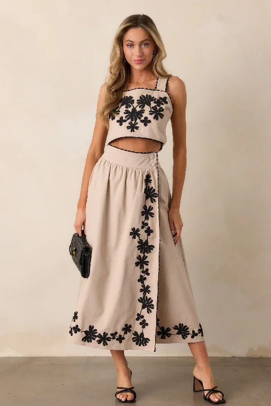 Lovely Blooms Taupe Embroidered Floral Midi Skirt