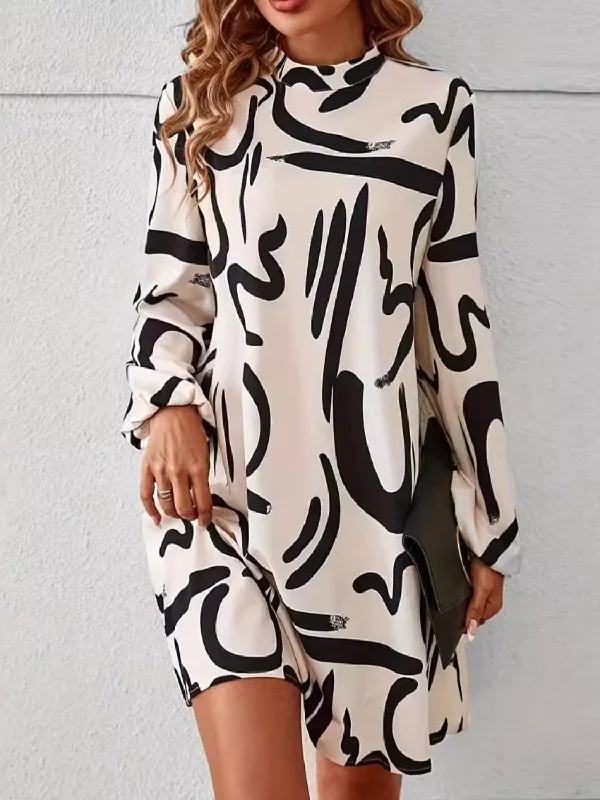 Printed Mock Neck Long Sleeve Mini Dress