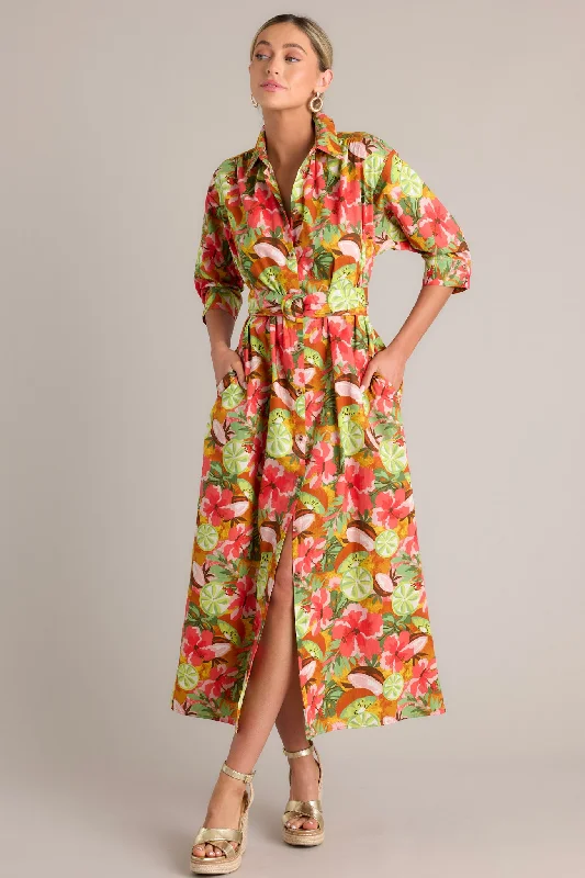 Palm Oasis Dark Coral Tropical Print Midi Dress