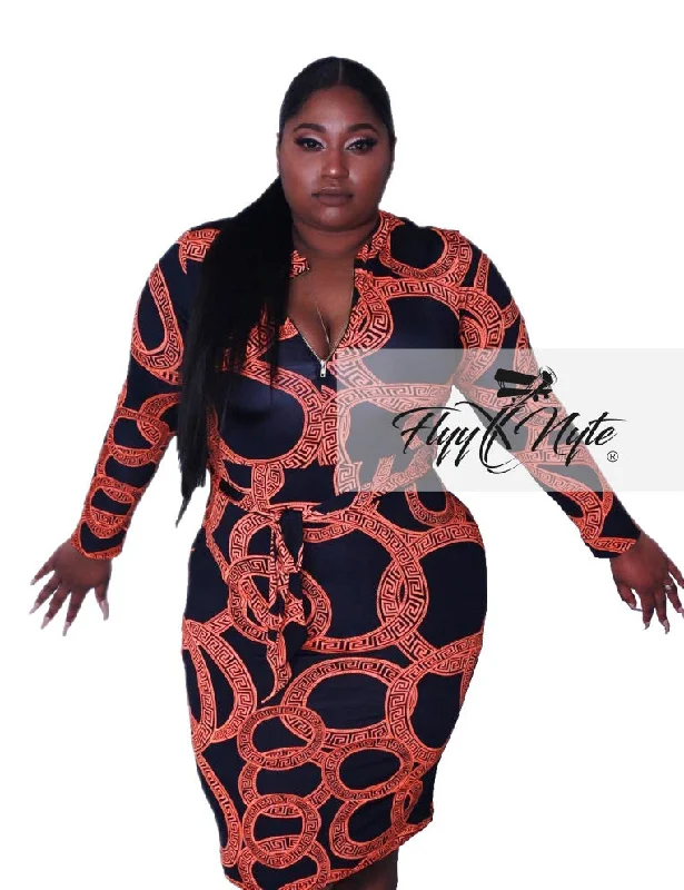 Plus Size Faux Wrap Mini Dress in Orange and Black