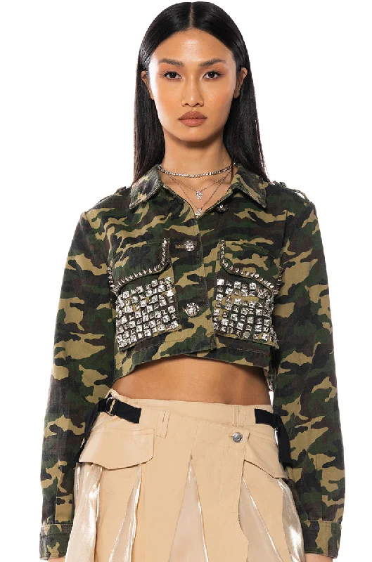 CROP CAMO BOMBER JACKET WITH STUDS