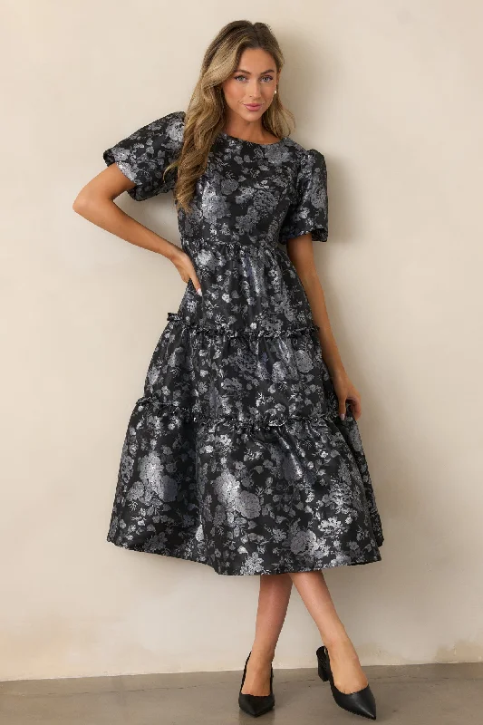 Follow My Lead Black Floral Jacquard Midi Dress