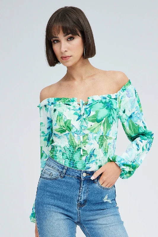 Green Floral Bodysuit Long Sleeve Floral Print