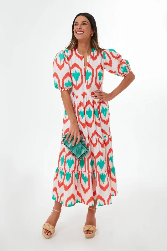 Coral Odisha Puff Sleeve Maxi Dress