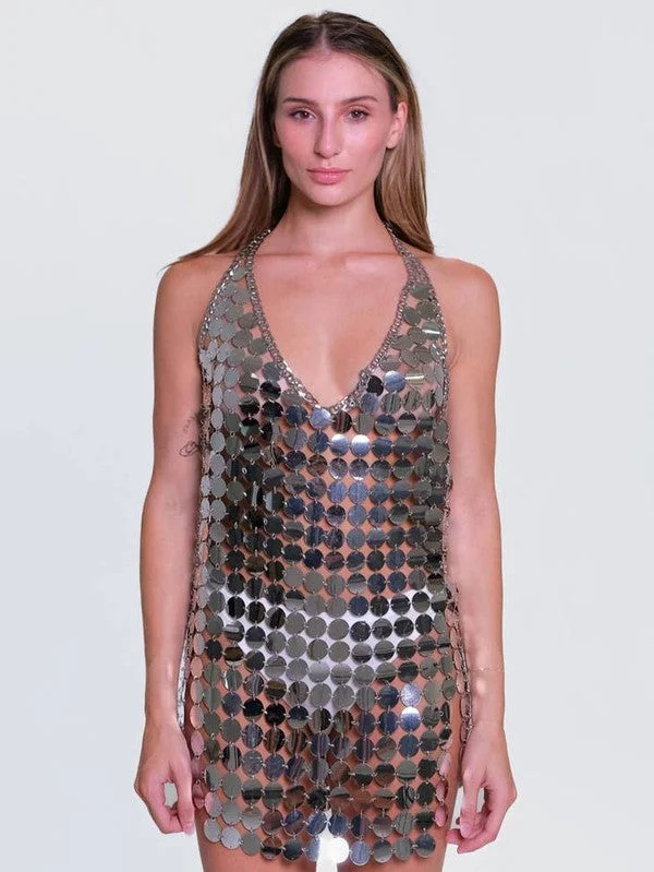 Disco Fever Silver Sequin Disc Mini Dress