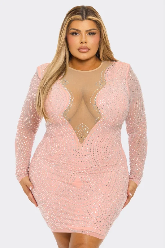 Bella Rhinestone Embellished Long Sleeve Plus Size Mini Dress